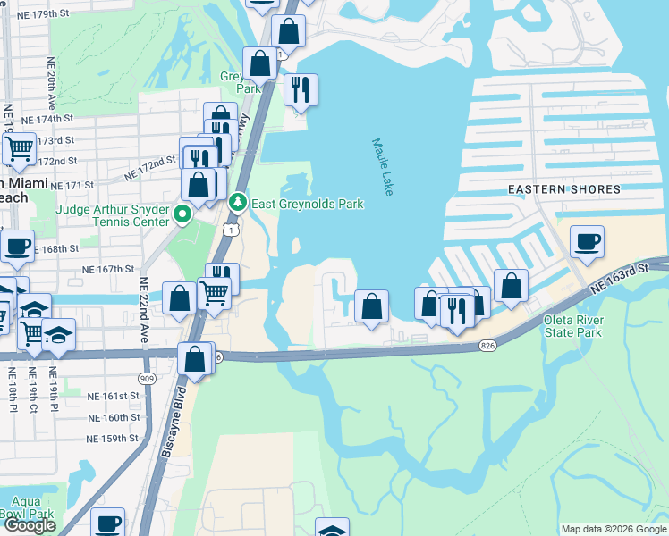 map of restaurants, bars, coffee shops, grocery stores, and more near 16558 Northeast 26th Avenue in North Miami Beach