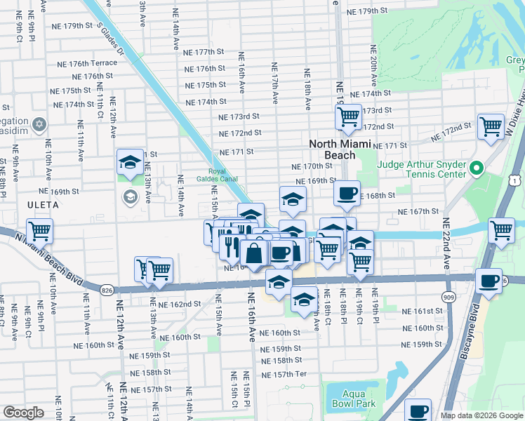 map of restaurants, bars, coffee shops, grocery stores, and more near 1635 Northeast 168th Street in North Miami Beach