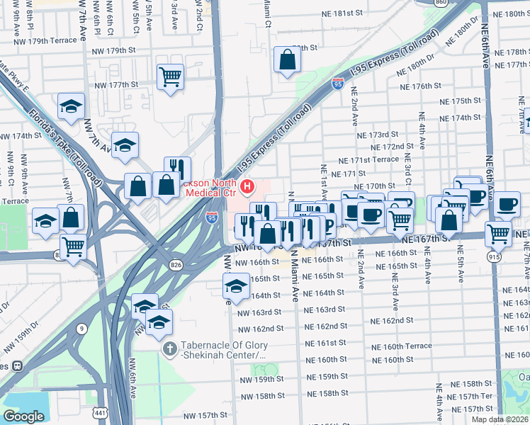 map of restaurants, bars, coffee shops, grocery stores, and more near 70 Northwest 170th Street in North Miami Beach
