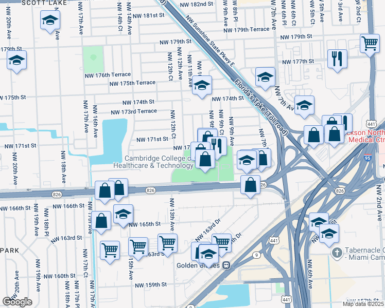 map of restaurants, bars, coffee shops, grocery stores, and more near 17030 Northwest 11th Avenue in Miami Gardens