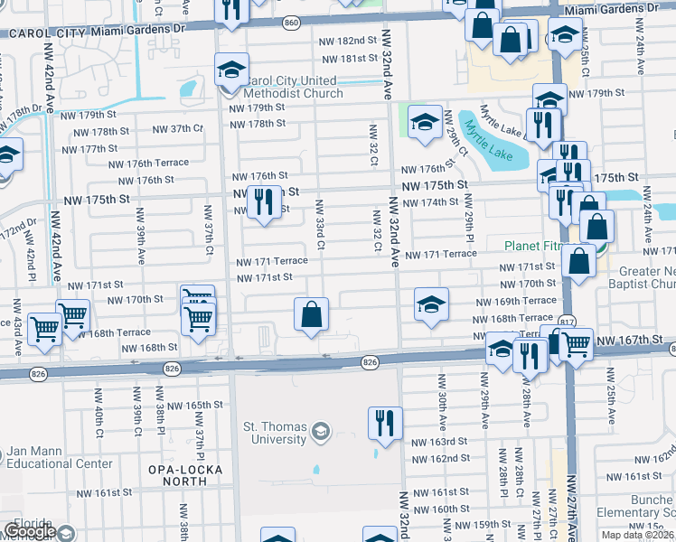 map of restaurants, bars, coffee shops, grocery stores, and more near 3321 Northwest 171 Terrace in Miami Gardens