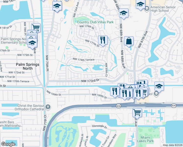 map of restaurants, bars, coffee shops, grocery stores, and more near 7180 Northwest 174th Terrace in Hialeah