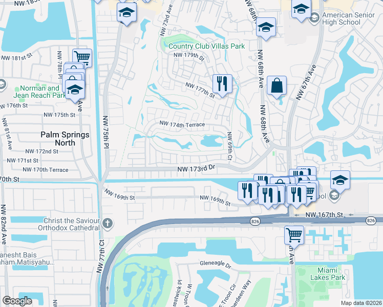 map of restaurants, bars, coffee shops, grocery stores, and more near 7180 Northwest 174th Terrace in Hialeah