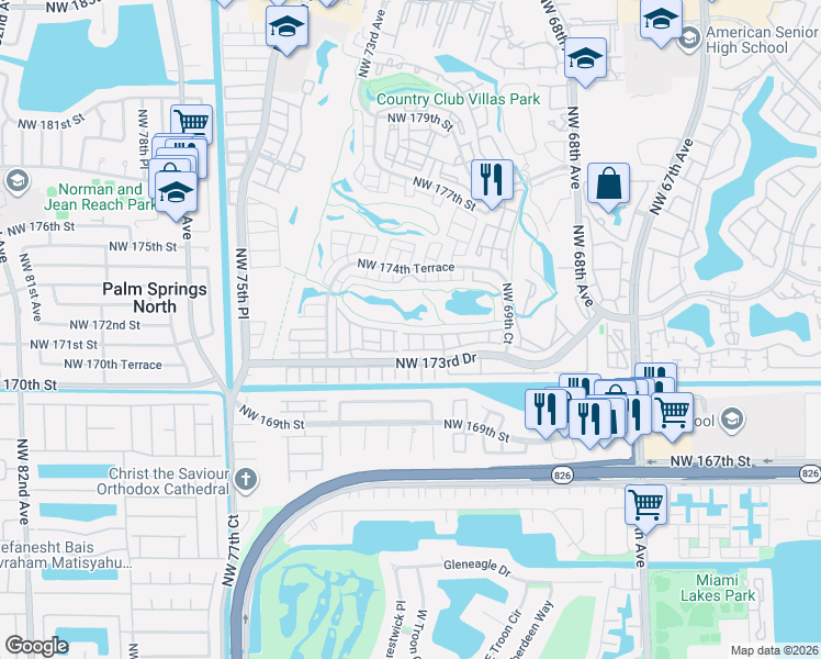 map of restaurants, bars, coffee shops, grocery stores, and more near 7245 Northwest 173rd Drive in Hialeah