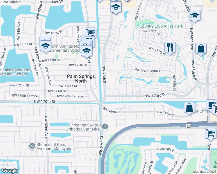map of restaurants, bars, coffee shops, grocery stores, and more near 17400 Northwest 76th Court in Hialeah