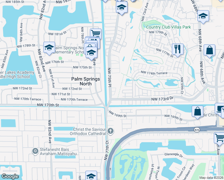map of restaurants, bars, coffee shops, grocery stores, and more near 17400 Northwest 76th Court in Hialeah
