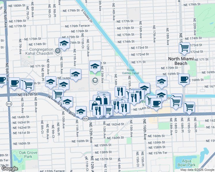 map of restaurants, bars, coffee shops, grocery stores, and more near in North Miami Beach