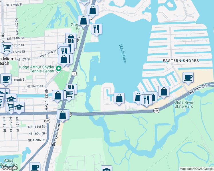 map of restaurants, bars, coffee shops, grocery stores, and more near 16546 Northeast 26th Avenue in North Miami Beach