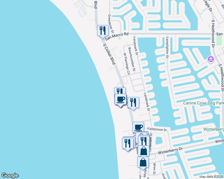 map of restaurants, bars, coffee shops, grocery stores, and more near 350 South Collier Boulevard in Marco Island