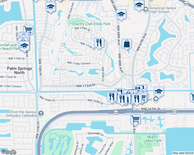 map of restaurants, bars, coffee shops, grocery stores, and more near 7005 Northwest 173rd Drive in Hialeah