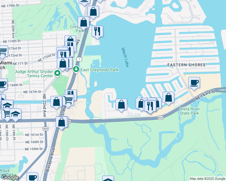 map of restaurants, bars, coffee shops, grocery stores, and more near 16558 Northeast 26th Avenue in North Miami Beach