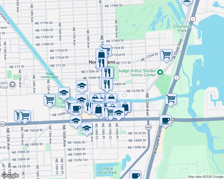 map of restaurants, bars, coffee shops, grocery stores, and more near 1925 Northeast 168th Street in North Miami Beach