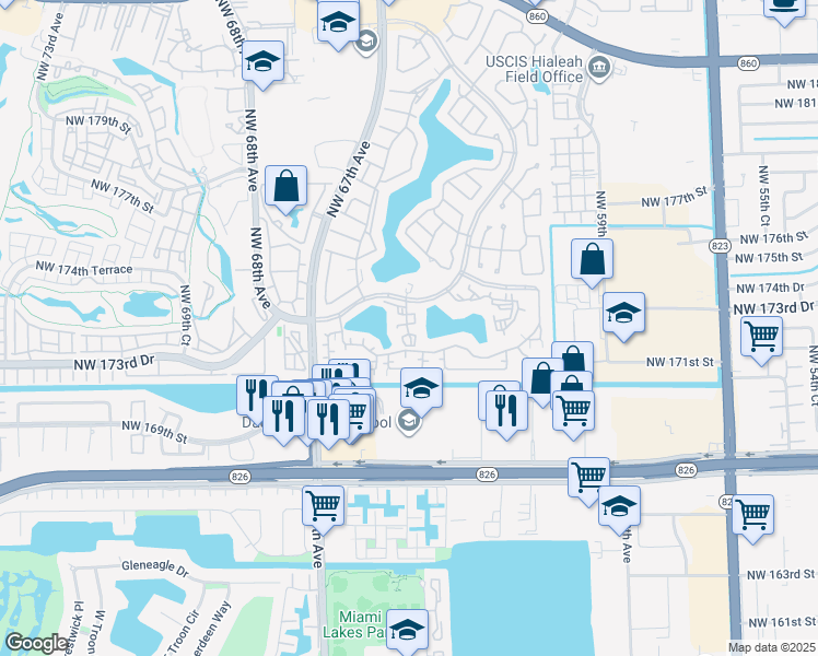 map of restaurants, bars, coffee shops, grocery stores, and more near 17200 Northwest 64th Avenue in Hialeah