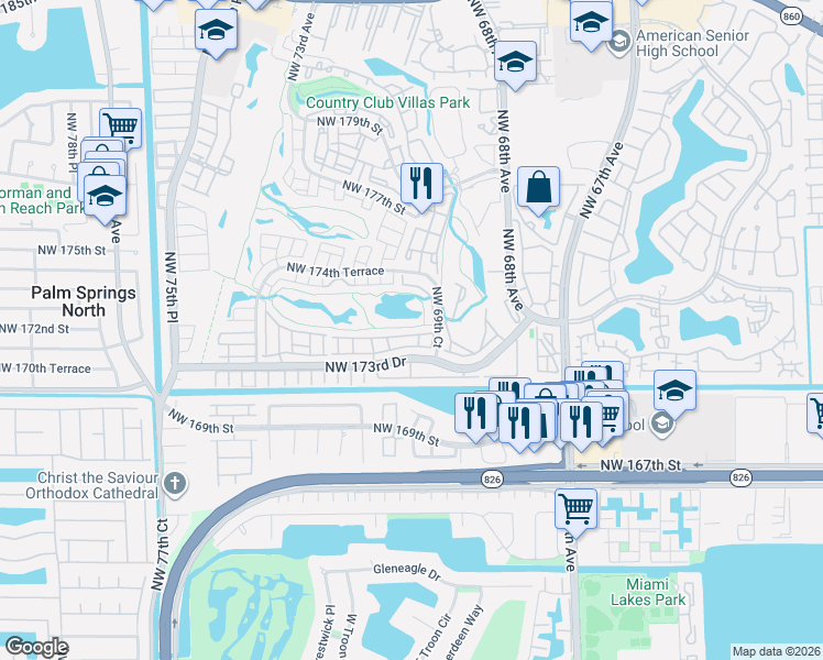 map of restaurants, bars, coffee shops, grocery stores, and more near 7005 Northwest 173rd Drive in Hialeah