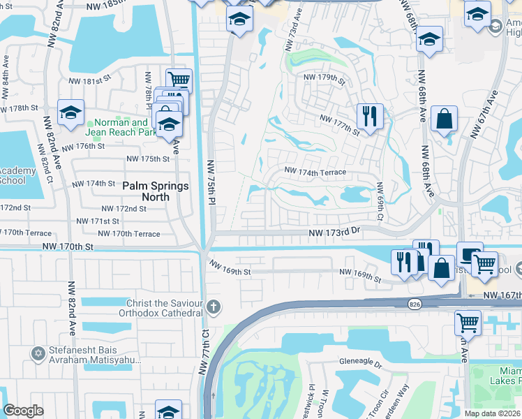 map of restaurants, bars, coffee shops, grocery stores, and more near 102 Northwest 174th Terrace in Hialeah