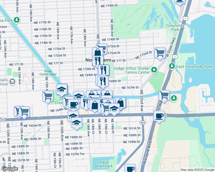 map of restaurants, bars, coffee shops, grocery stores, and more near 1951 Northeast 167th Street in North Miami Beach