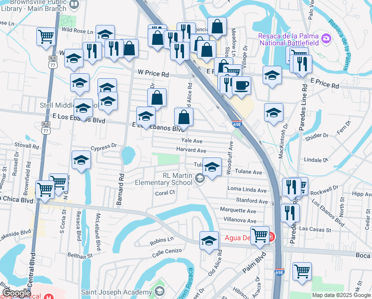 map of restaurants, bars, coffee shops, grocery stores, and more near Old Alice Road in Brownsville