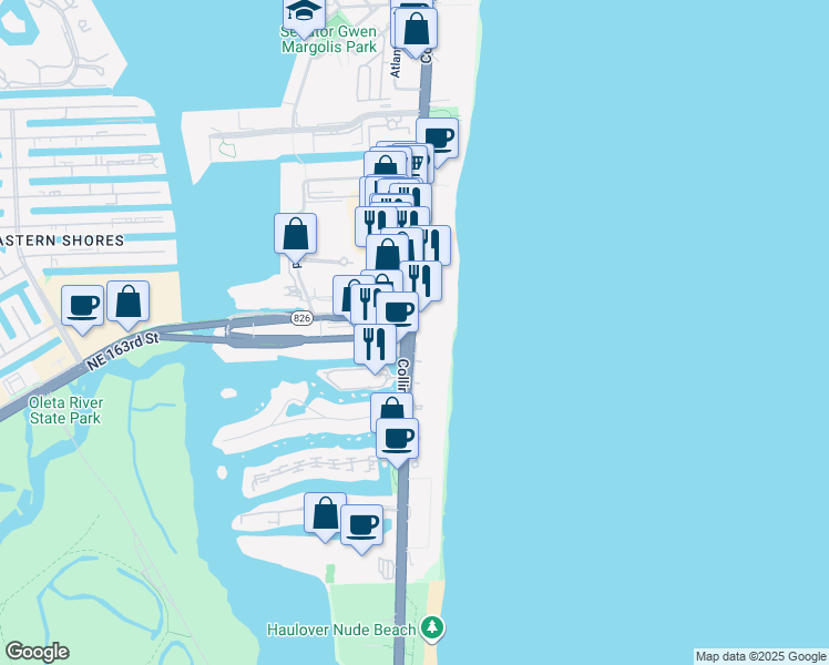 map of restaurants, bars, coffee shops, grocery stores, and more near in Sunny Isles Beach