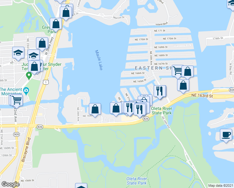 map of restaurants, bars, coffee shops, grocery stores, and more near 16477 Northeast 30th Avenue in North Miami Beach