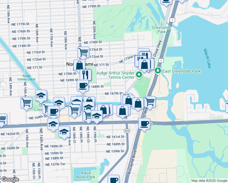 map of restaurants, bars, coffee shops, grocery stores, and more near 2158 Northeast 168th Street in North Miami Beach