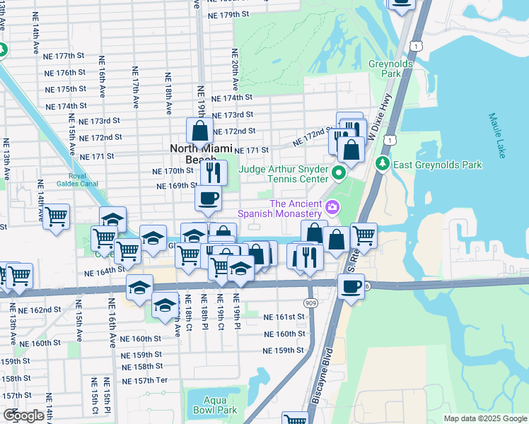 map of restaurants, bars, coffee shops, grocery stores, and more near 2070 Northeast 168th Street in North Miami Beach