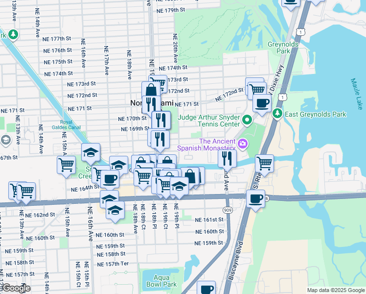 map of restaurants, bars, coffee shops, grocery stores, and more near 16791 Northeast 20th Avenue in North Miami Beach