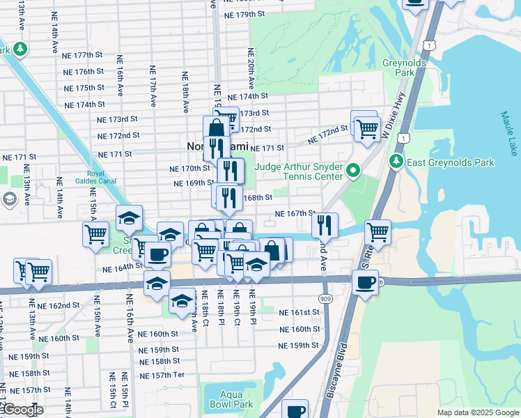 map of restaurants, bars, coffee shops, grocery stores, and more near 16791 Northeast 20th Avenue in North Miami Beach