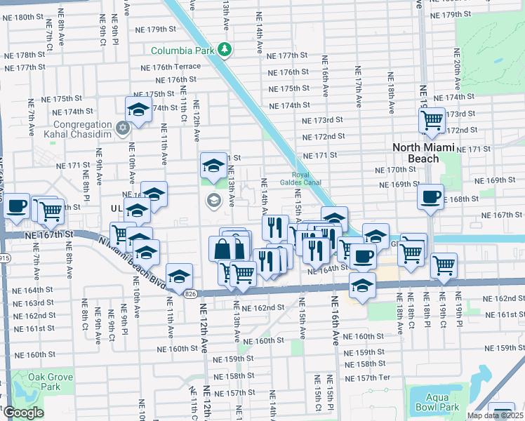 map of restaurants, bars, coffee shops, grocery stores, and more near 16801 Northeast 14th Avenue in Miami