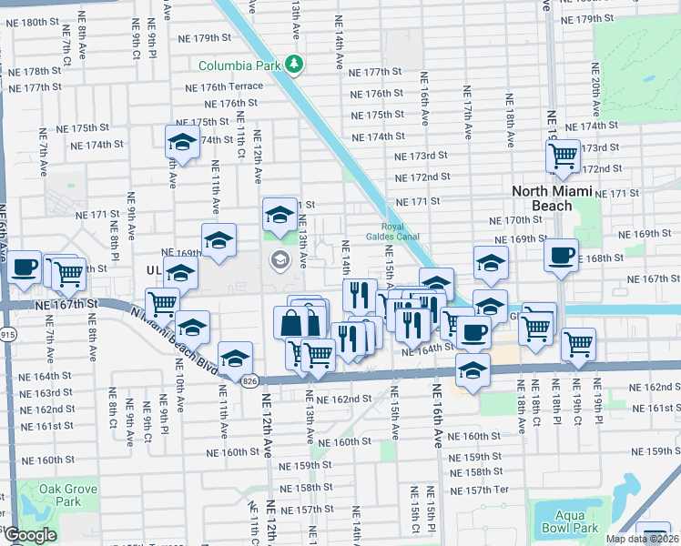 map of restaurants, bars, coffee shops, grocery stores, and more near 16801 Northeast 14th Avenue in Miami
