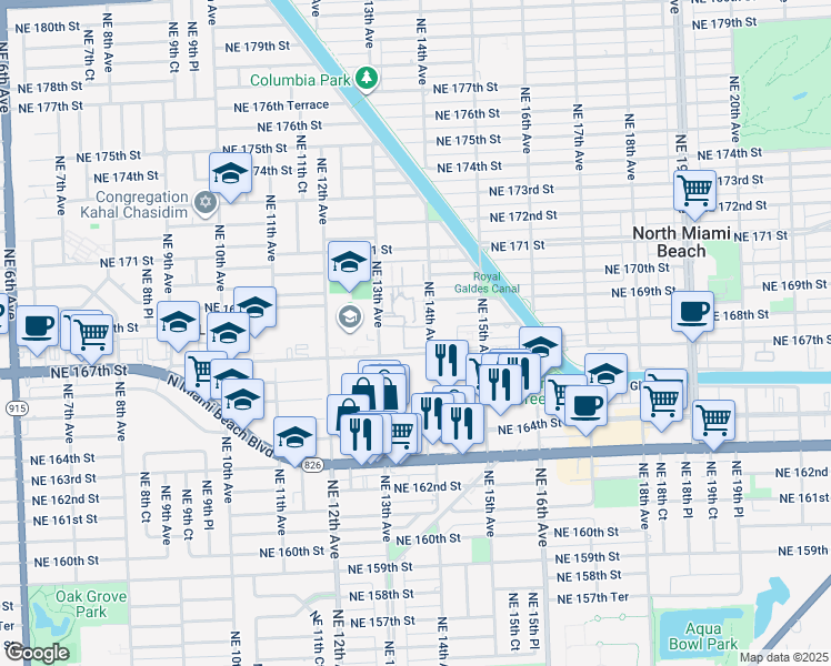 map of restaurants, bars, coffee shops, grocery stores, and more near in North Miami Beach
