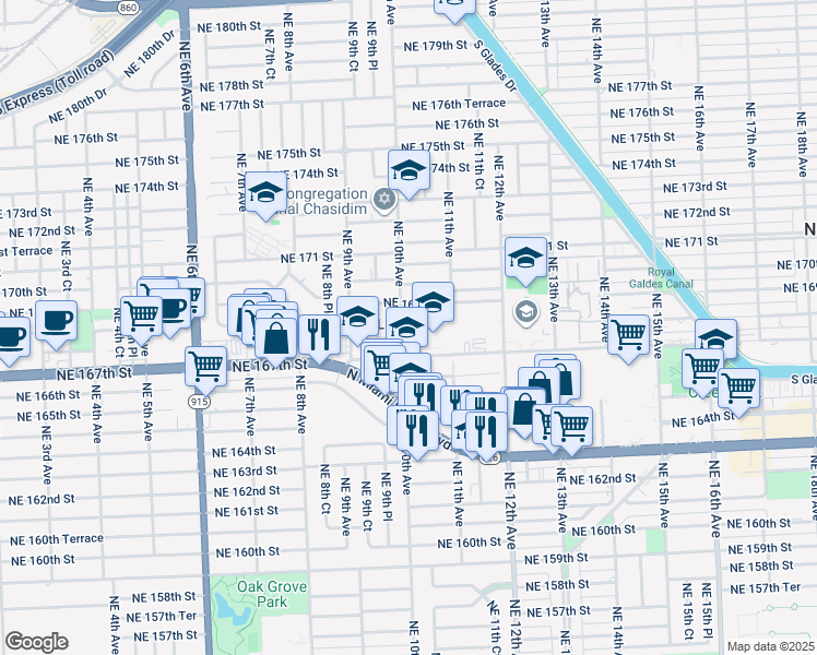 map of restaurants, bars, coffee shops, grocery stores, and more near in North Miami Beach