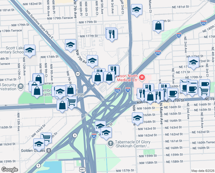 map of restaurants, bars, coffee shops, grocery stores, and more near 360 Northwest 170th Street in North Miami Beach
