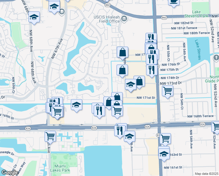 map of restaurants, bars, coffee shops, grocery stores, and more near 17272 Northwest 60th Court in Hialeah