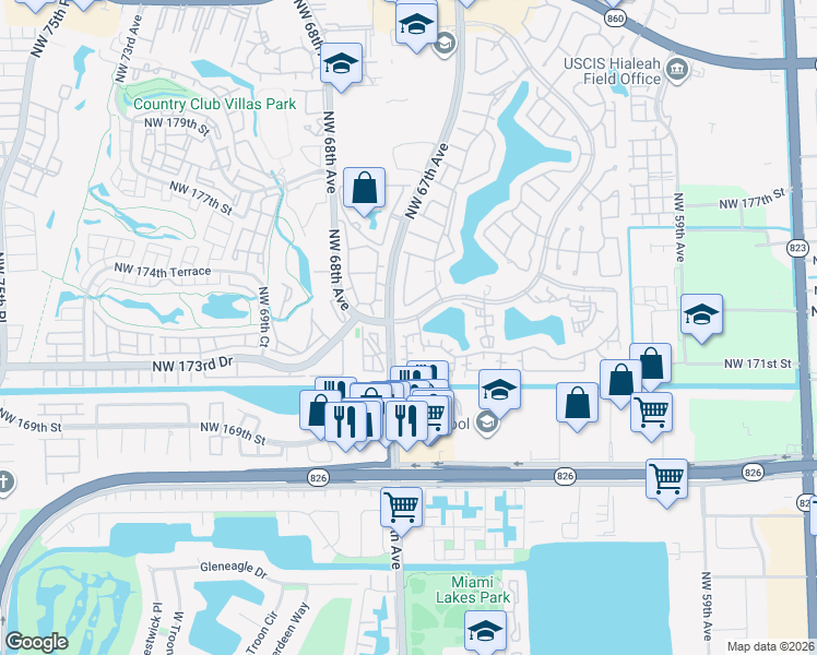 map of restaurants, bars, coffee shops, grocery stores, and more near 6642 Northwest 173rd Lane in Hialeah
