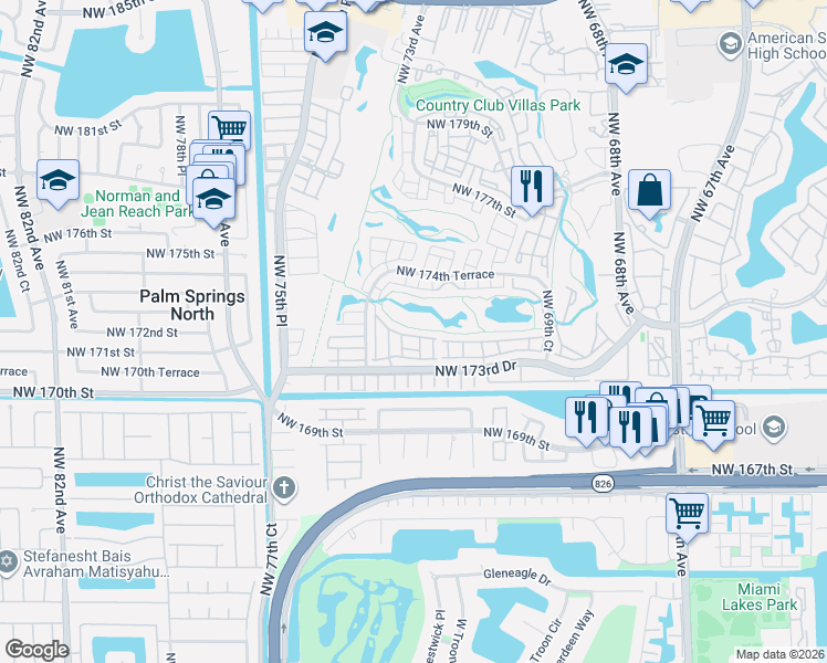 map of restaurants, bars, coffee shops, grocery stores, and more near 7355 Northwest 173rd Drive in Hialeah
