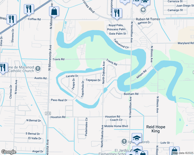 map of restaurants, bars, coffee shops, grocery stores, and more near 6346-6374 Tecate Drive in Brownsville
