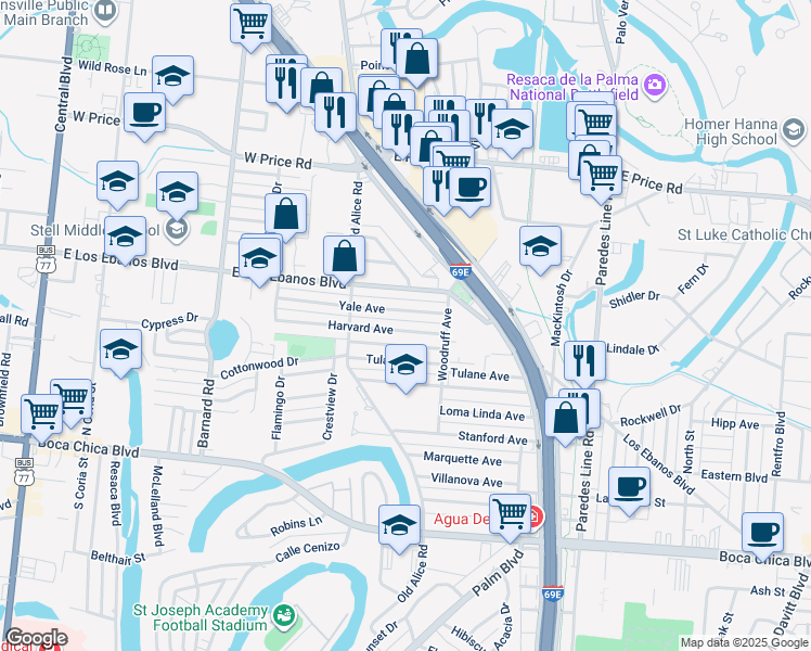 map of restaurants, bars, coffee shops, grocery stores, and more near 1648 East Los Ebanos Boulevard in Brownsville