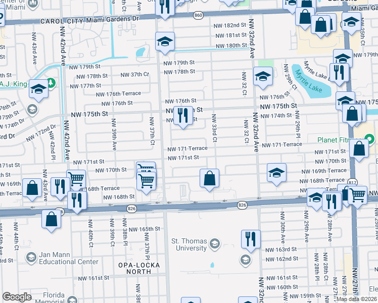 map of restaurants, bars, coffee shops, grocery stores, and more near 3471 Northwest 171 Terrace in Miami Gardens