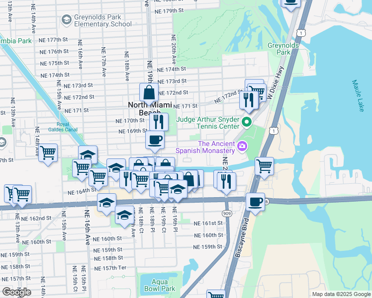map of restaurants, bars, coffee shops, grocery stores, and more near 16791 Northeast 20th Avenue in North Miami Beach