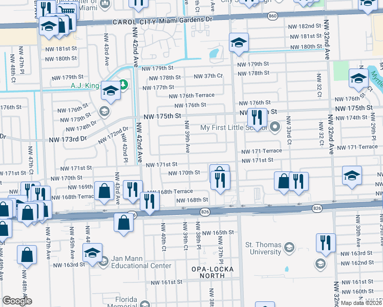 map of restaurants, bars, coffee shops, grocery stores, and more near 3900 Northwest 172nd Terrace in Miami Gardens