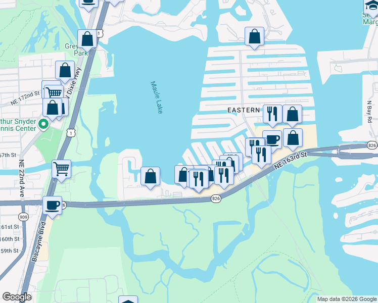 map of restaurants, bars, coffee shops, grocery stores, and more near 16477 Northeast 30th Avenue in North Miami Beach