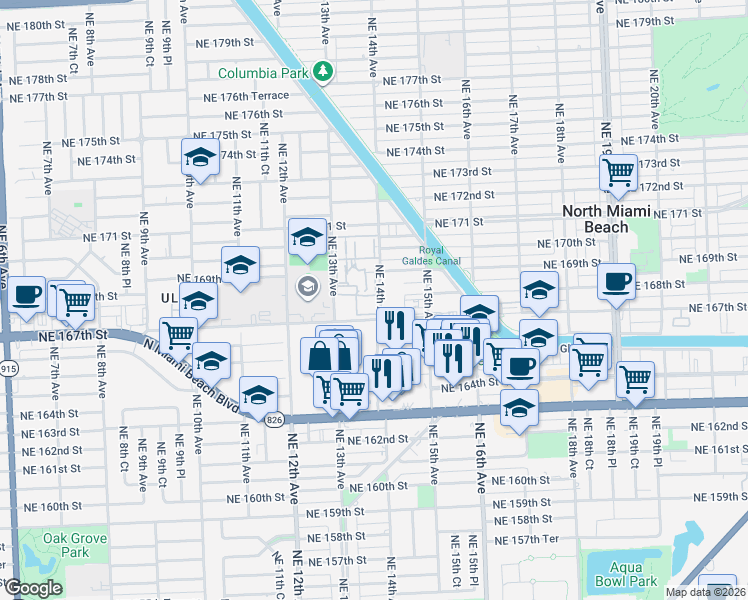 map of restaurants, bars, coffee shops, grocery stores, and more near 16801 Northeast 14th Avenue in Miami