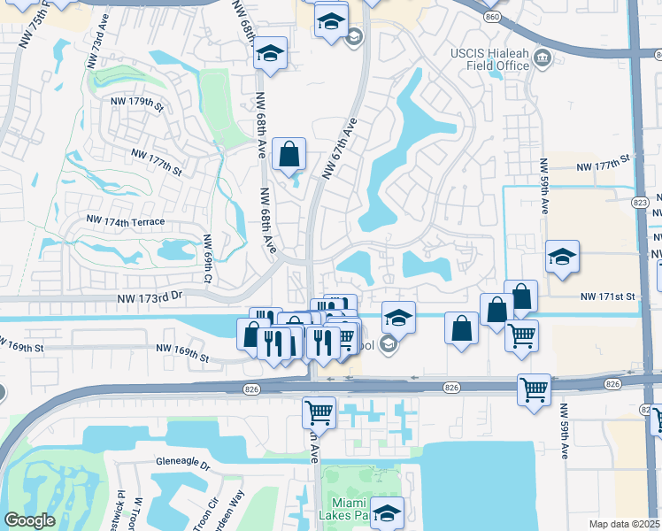 map of restaurants, bars, coffee shops, grocery stores, and more near 6642 Northwest 173rd Lane in Hialeah