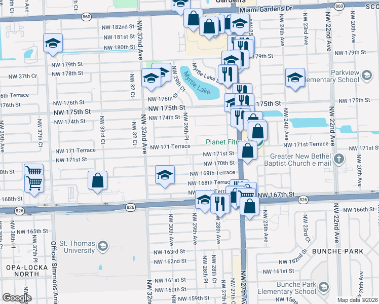 map of restaurants, bars, coffee shops, grocery stores, and more near 2900 Northwest 171 Terrace in Miami Gardens