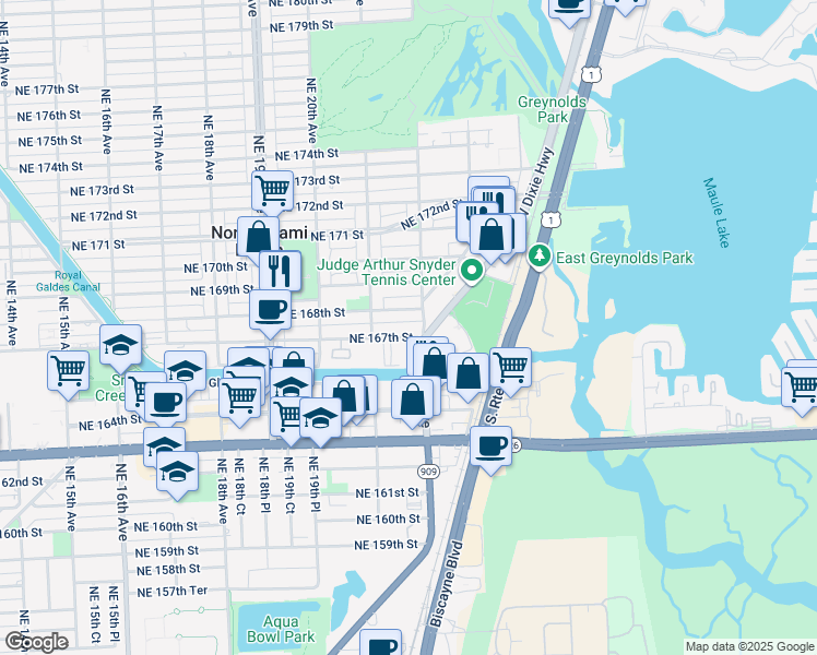 map of restaurants, bars, coffee shops, grocery stores, and more near 2158 Northeast 168th Street in North Miami Beach