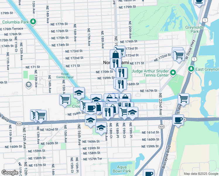 map of restaurants, bars, coffee shops, grocery stores, and more near 1875 Northeast 168th Street in North Miami Beach