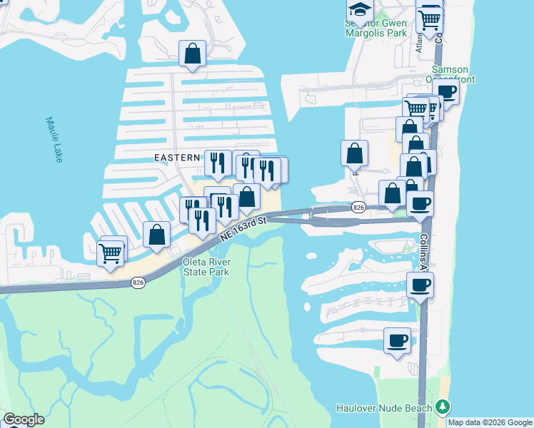 map of restaurants, bars, coffee shops, grocery stores, and more near 3885 Northeast 163rd Street in North Miami Beach