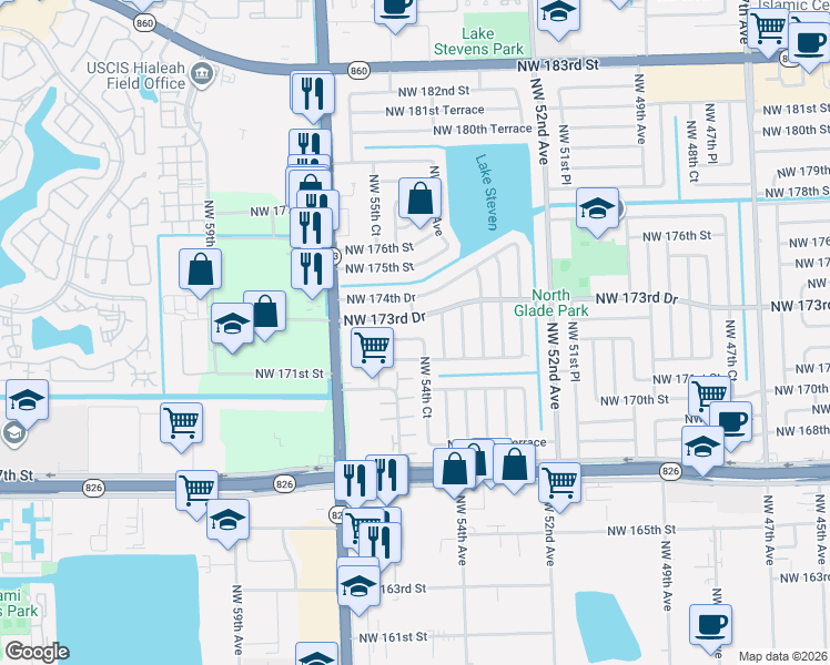 map of restaurants, bars, coffee shops, grocery stores, and more near 5440 Northwest 173rd Drive in Miami Gardens