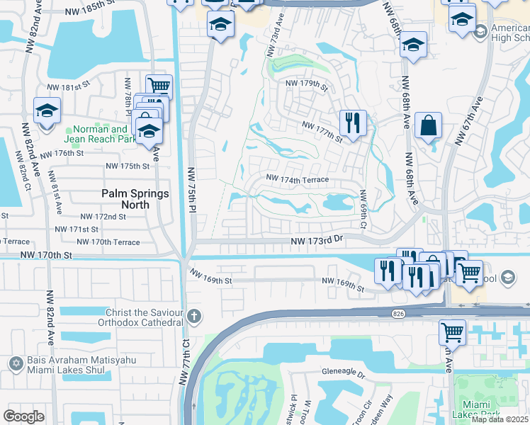 map of restaurants, bars, coffee shops, grocery stores, and more near 7355 Northwest 173rd Drive in Hialeah