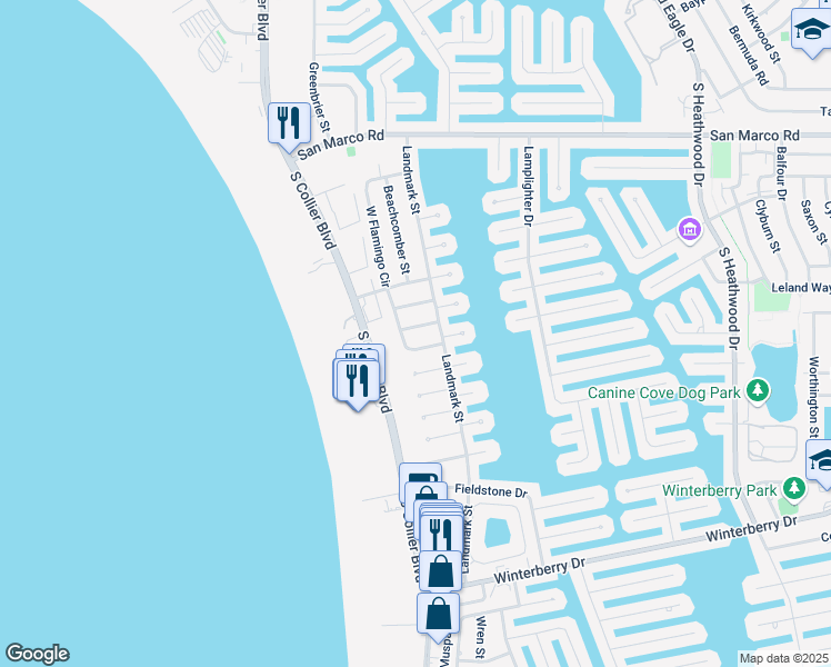 map of restaurants, bars, coffee shops, grocery stores, and more near 290 West Flamingo Circle in Marco Island